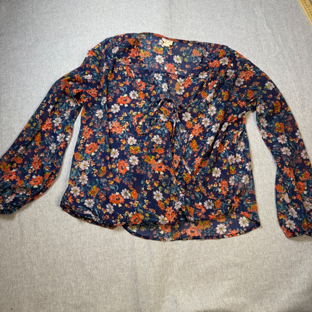 Mossimo Supply Co Navy Floral Wrap Tie Front Blouse XL Long Sleeve